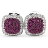 Pair of 14ct white gold ruby and diamond square cluster stud earrings, 12.5mm x 12.5mm, 4.4g