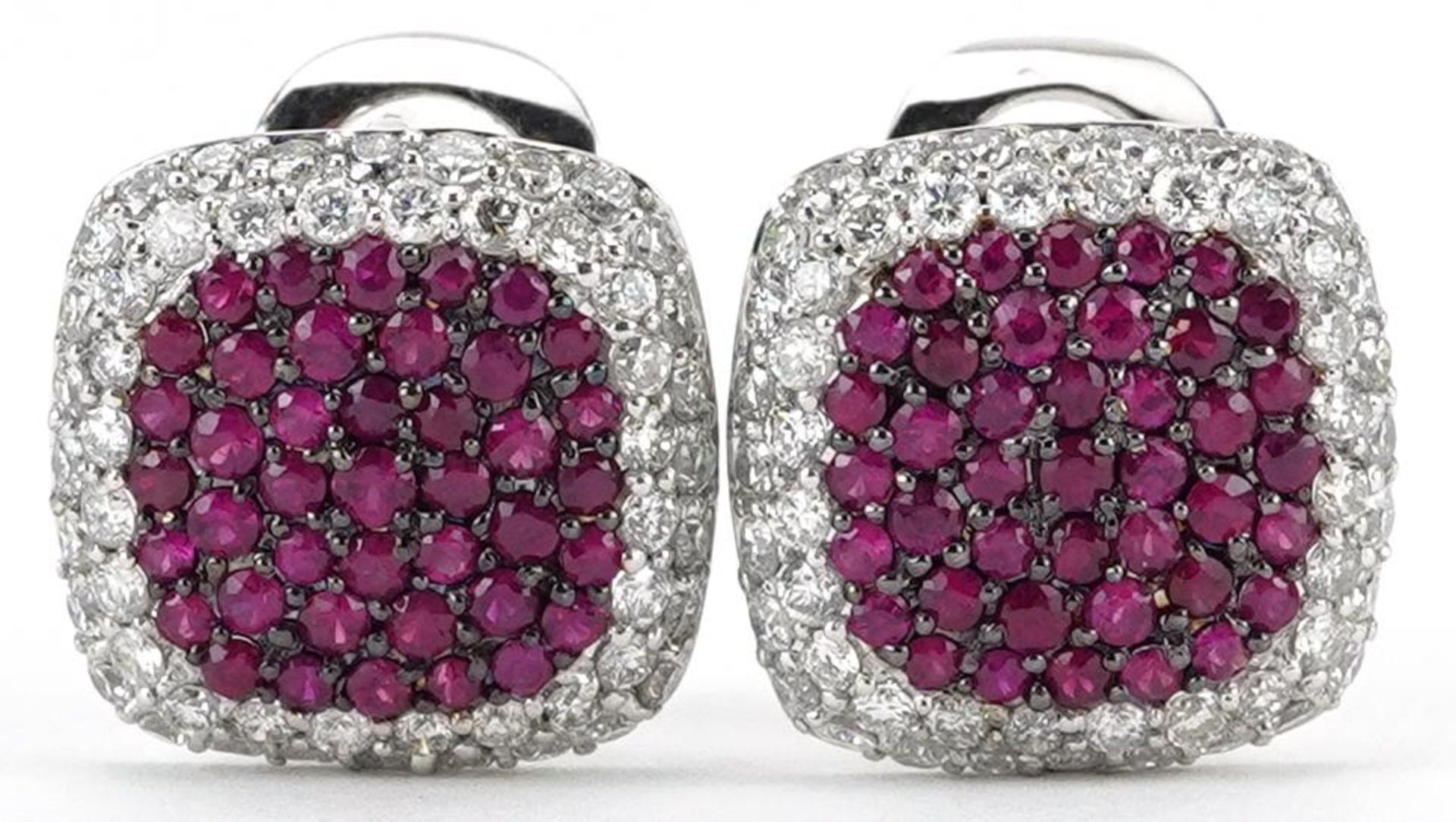 Pair of 14ct white gold ruby and diamond square cluster stud earrings, 12.5mm x 12.5mm, 4.4g
