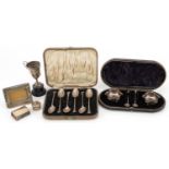 Victorian and later silver including a pair of Victorian silver open salts with spoons housed in a