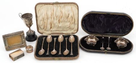 Victorian and later silver including a pair of Victorian silver open salts with spoons housed in a