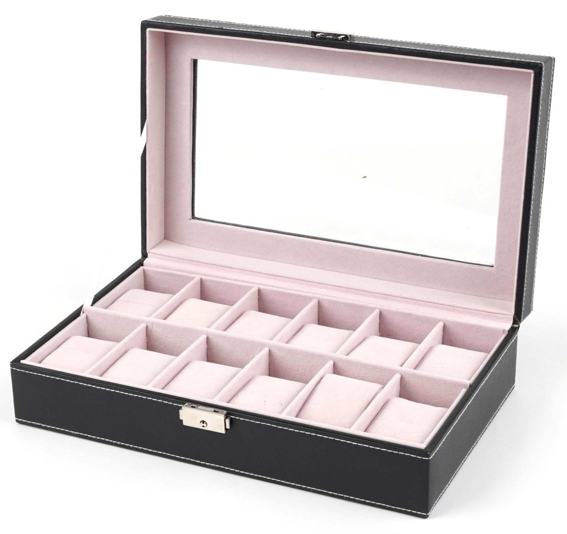 Black leatherette twelve section watch display box, 8.5cm H x 33cm W x 20cm D - Bild 2 aus 4