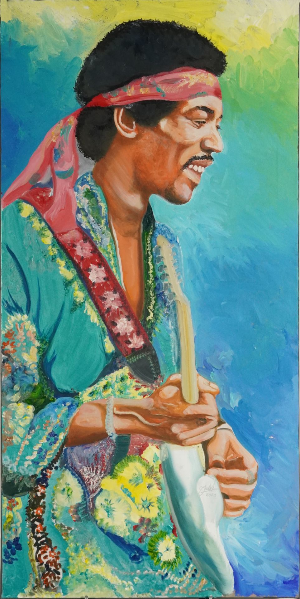 Clive Fredriksson - Jimi Hendrix, contemporary oil on canvas, unframed, 100.5cm x 50.5cm