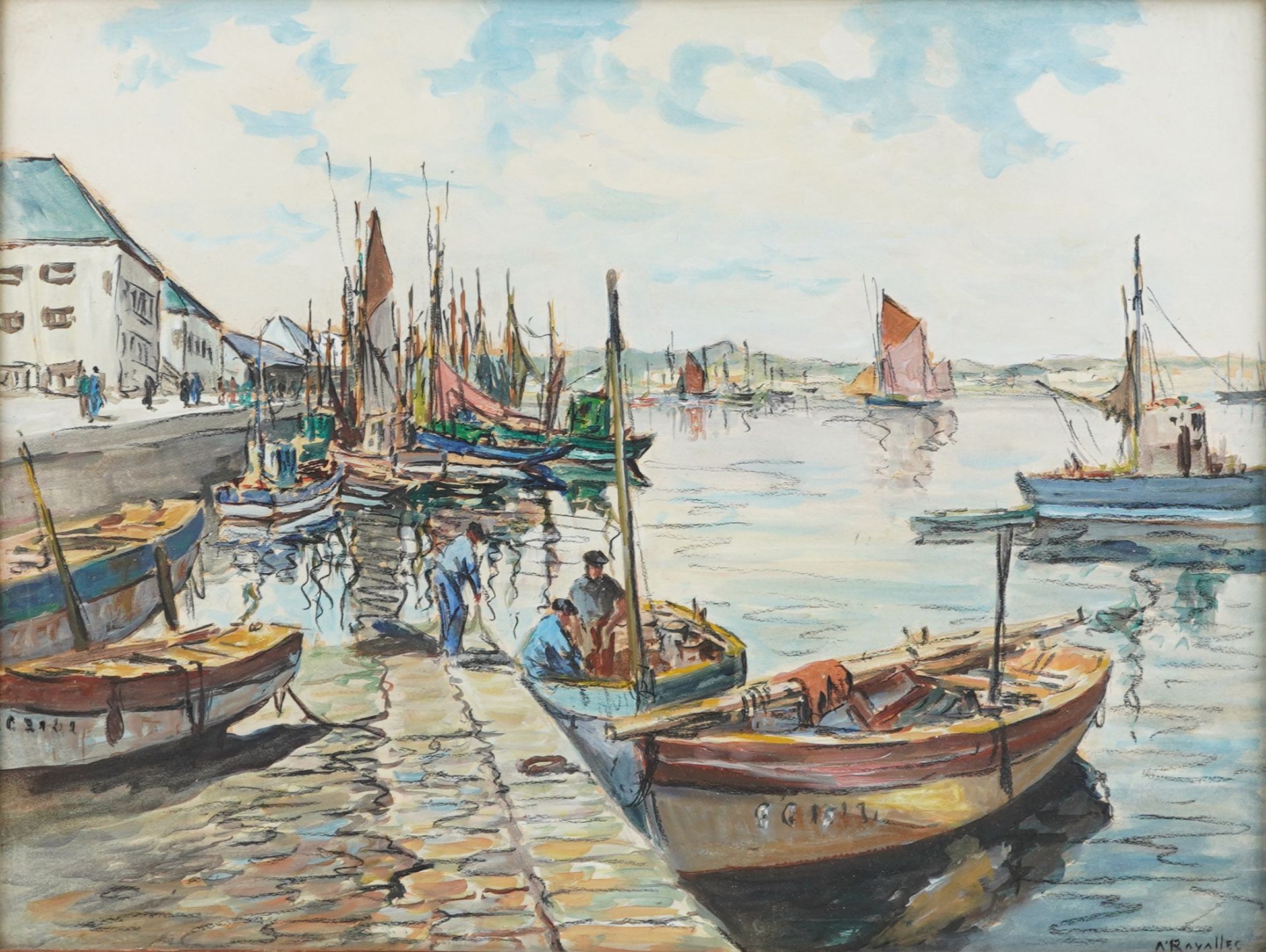 A Ravallec - Harbour scene with fishing boats, mixed media, framed and glazed, 48.5cm x 37cm