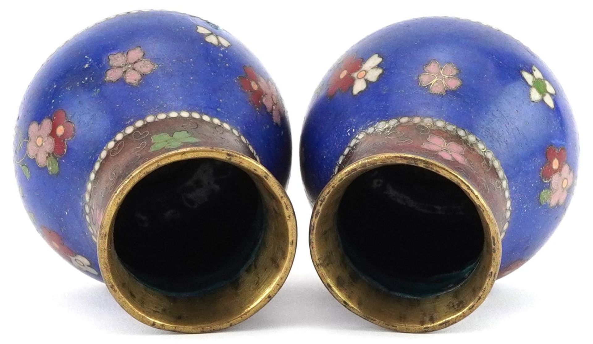Pair of Japanese cloisonne vases enamelled with flowers, each 7.5cm high - Image 5 of 6