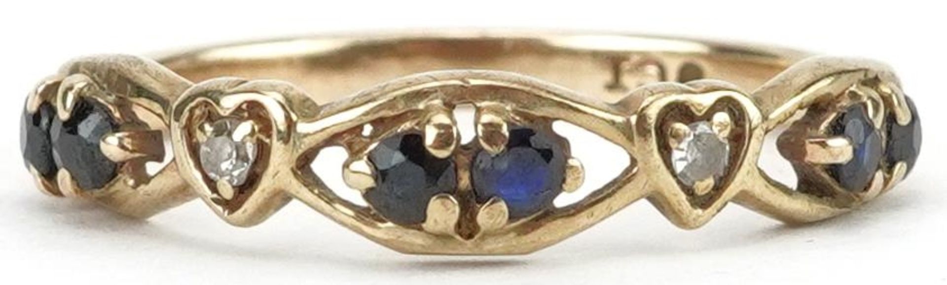 9ct gold diamond and sapphire pierced love heart half eternity ring, size M, 1.3g
