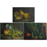Still life fruit and vessels, three oil on boards, signed F Collins, T H Walker and V A Gray, each