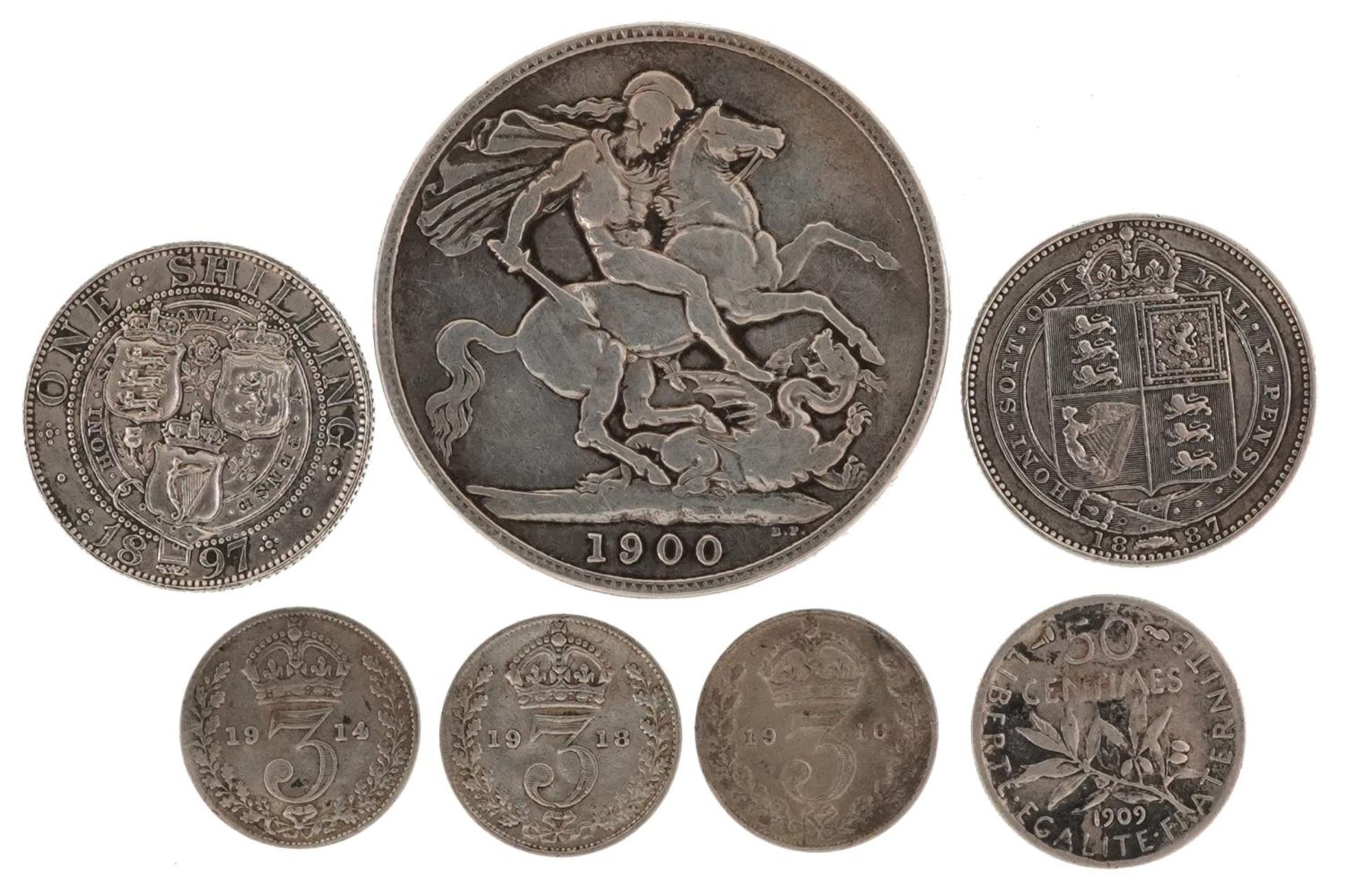Victorian and later British coinage and a French fifty centimes, the British coins including Queen