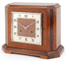 Art Deco walnut and rosewood mantle clock with square dial and silvered chapter ring having Arabic