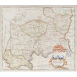 18th century hand coloured map of Middlesex by Robert Morden, framed and glazed, 43cm x 37.5cm