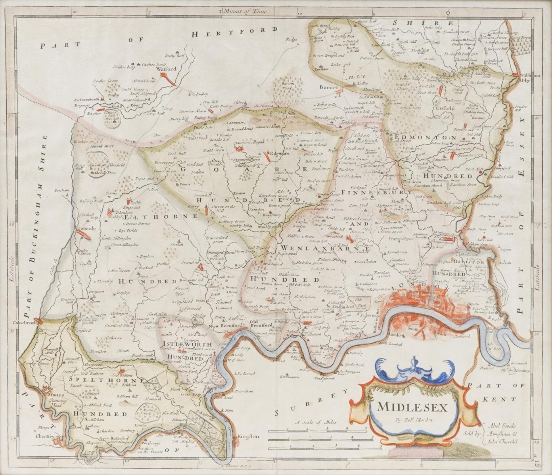 18th century hand coloured map of Middlesex by Robert Morden, framed and glazed, 43cm x 37.5cm