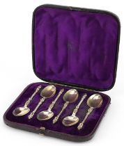 Set of six Victorian silver apostle spoons housed in a velvet and silk lined fitted case, indistinct