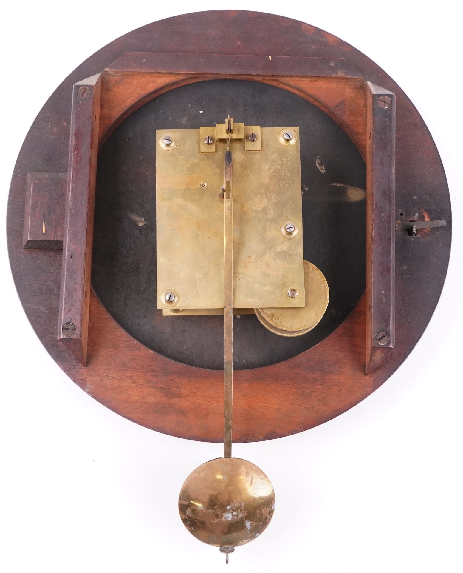 Victorian mahogany fusee drop dial wall clock with circular hand painted dial with Roman numerals - Image 3 of 5
