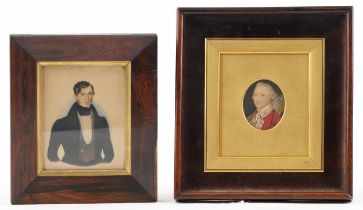 Two early 19th century hand painted portrait miniatures housed in rosewood frames including an