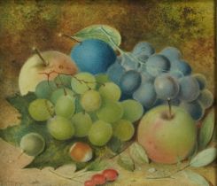 J Gray - Still life fruit, Victorian watercolour on card, inscribed verso, mounted and framed, 19.