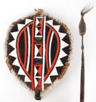 African tribal interest Maasai spear and vellum shield, the largest 82.5cm in length