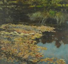 Manner of George Sarson - Pond with aquatic plants, Impressionist oil on board, mounted, framed