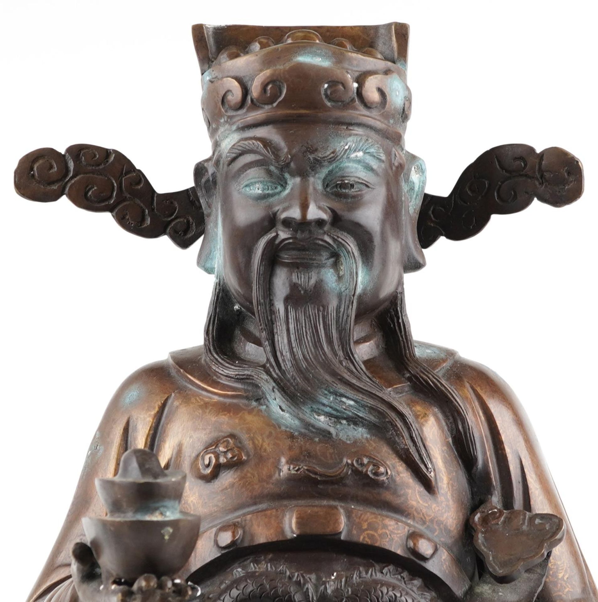 Large Chinese watered bronze figure of a standing emperor holding a ruyi sceptre, 78cm high - Image 2 of 9