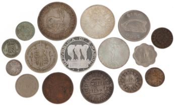 British and world coinage including an Irish penny, South African 1848 five shillings, and 1887 half