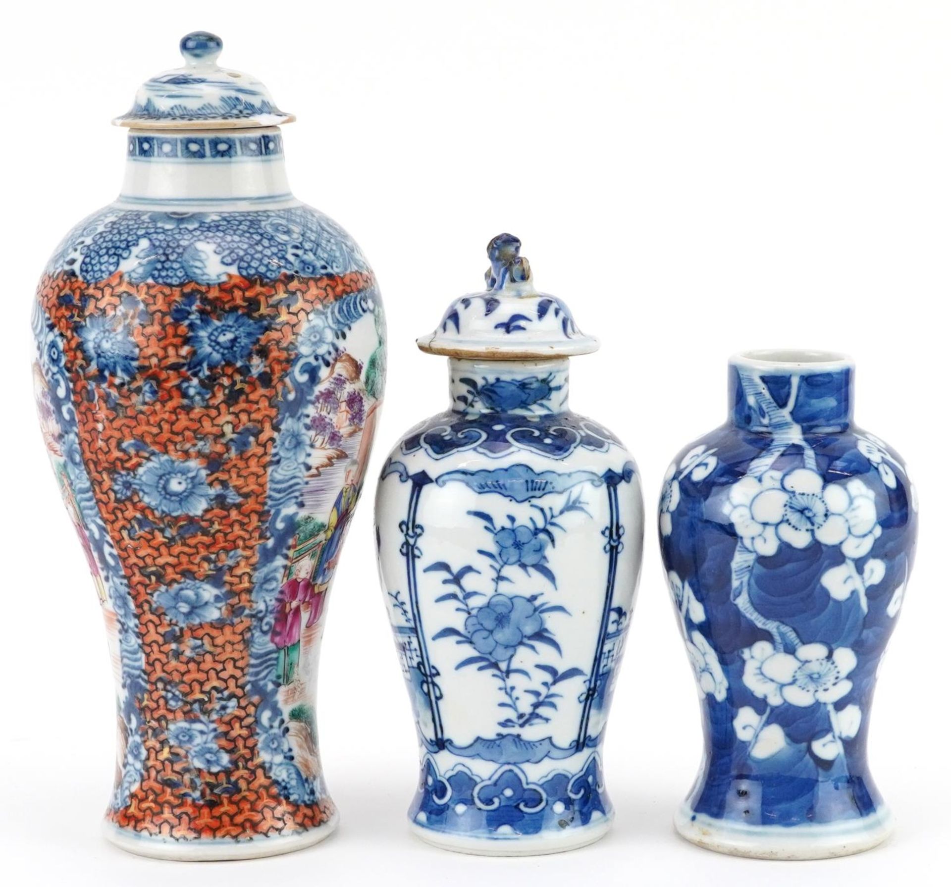 Three Chinese porcelain baluster vases with two covers including a Mandarin example hand painted - Image 2 of 7