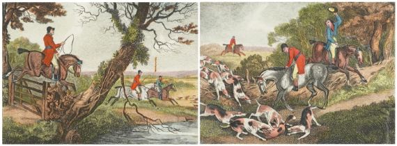 Foxhunting P5 and P6, two 18th century coloured engravings, unframed, each 29.5cm x 27.5cm