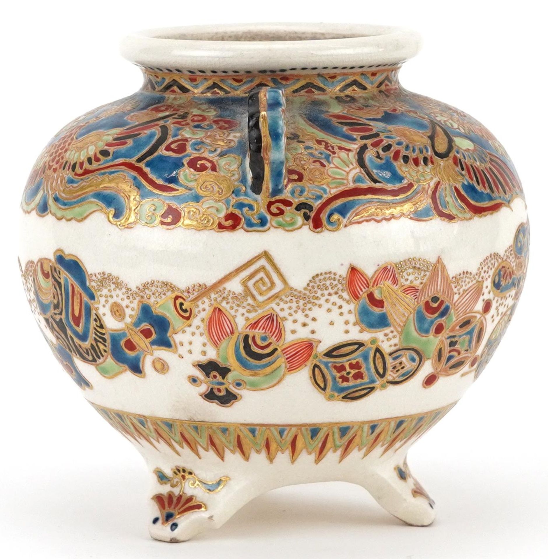 Japanese Satsuma pottery tripod koro with twin handles hand painted with objects and flowers, - Image 2 of 7