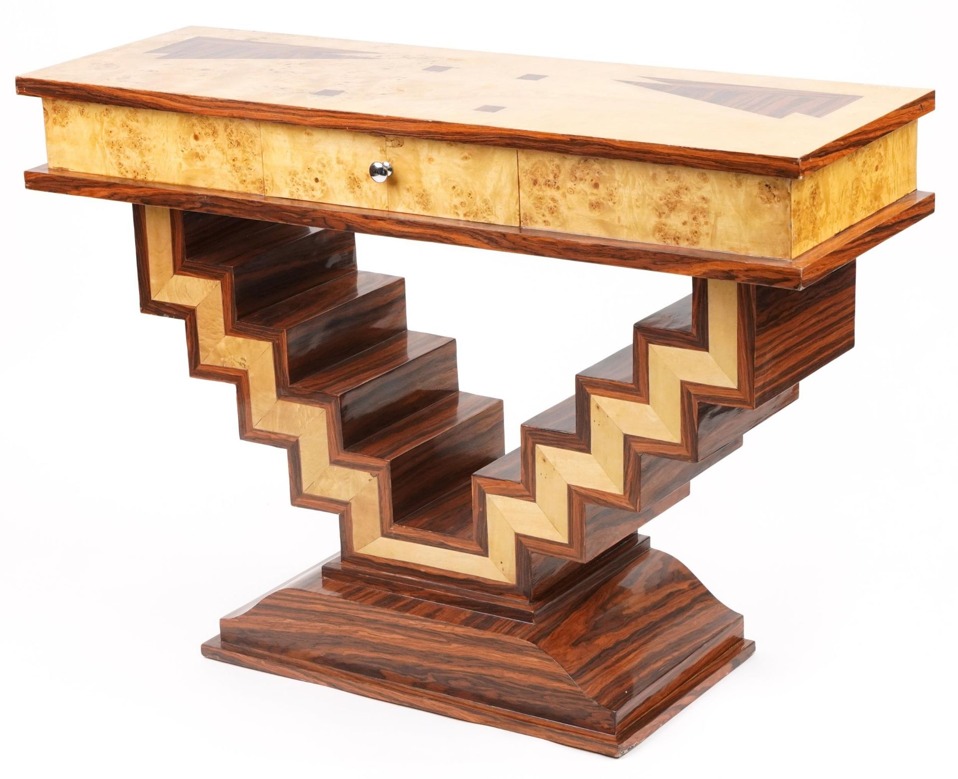 Art Deco style walnut and rosewood effect console table with frieze drawer, 84cm H x 120cm W x