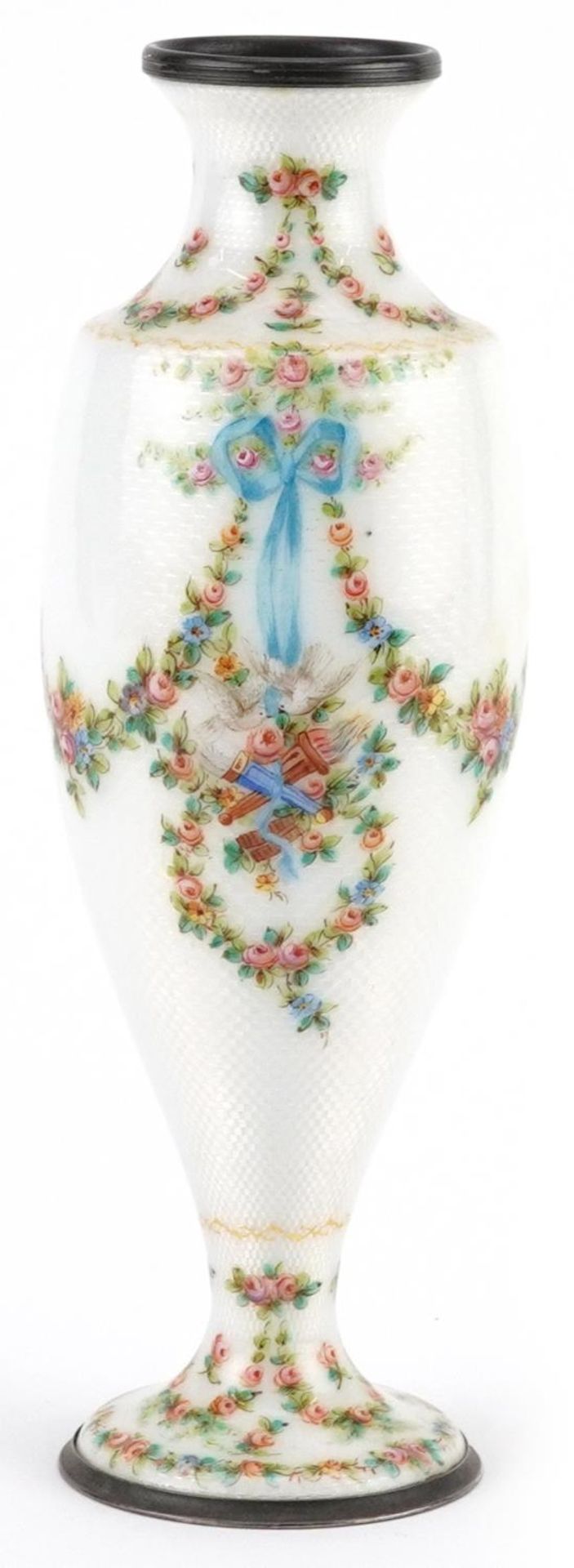 19th century French silver and white guilloche enamel vase finely hand painted with swags, ribbons - Image 5 of 10