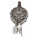 19th century Indian unmarked silver chatelaine hanger with drops, pierced and finely cast with two