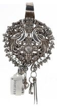 19th century Indian unmarked silver chatelaine hanger with drops, pierced and finely cast with two