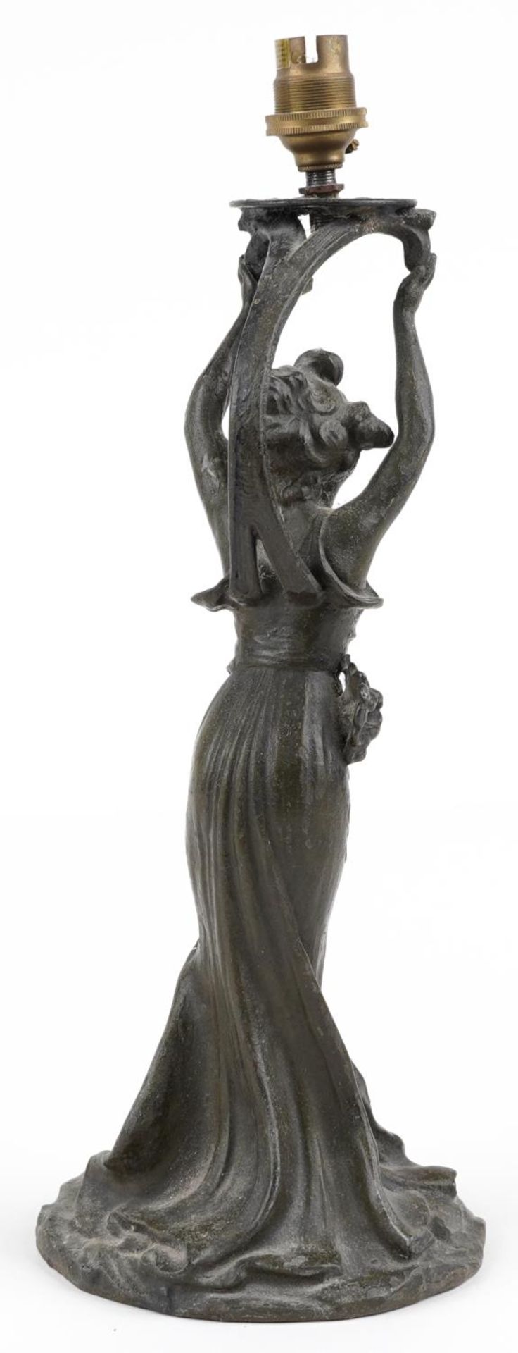 Art Nouveau verdigris patinated spelter figural table lamp in the form of a female, indistinct - Image 2 of 3