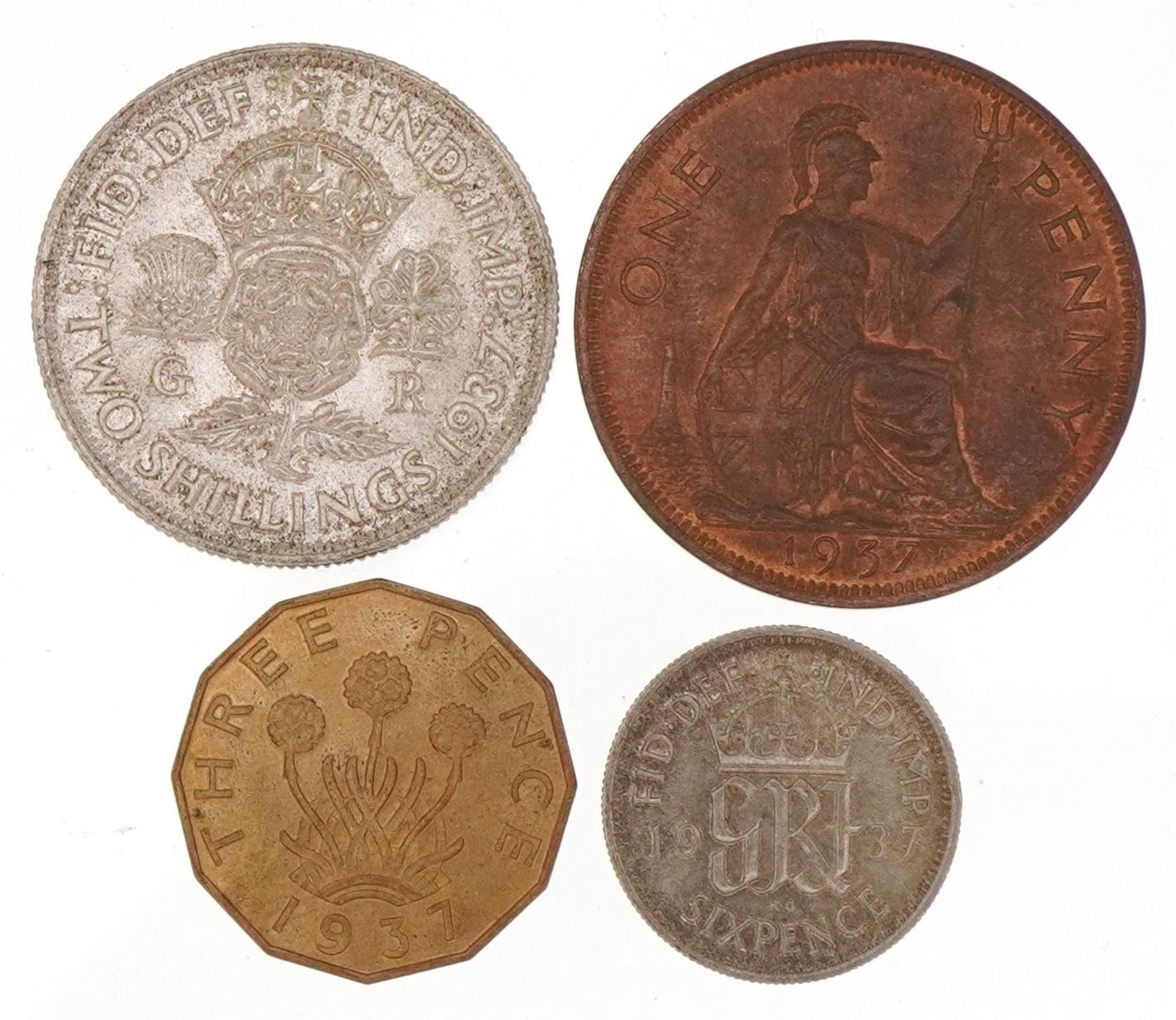 Four George VI 1937 coins comprising one penny, two shillings, threepence and sixpence