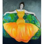 Clive Fredriksson - Female wearing an orange dress in an interior, contemporary oil on canvas,