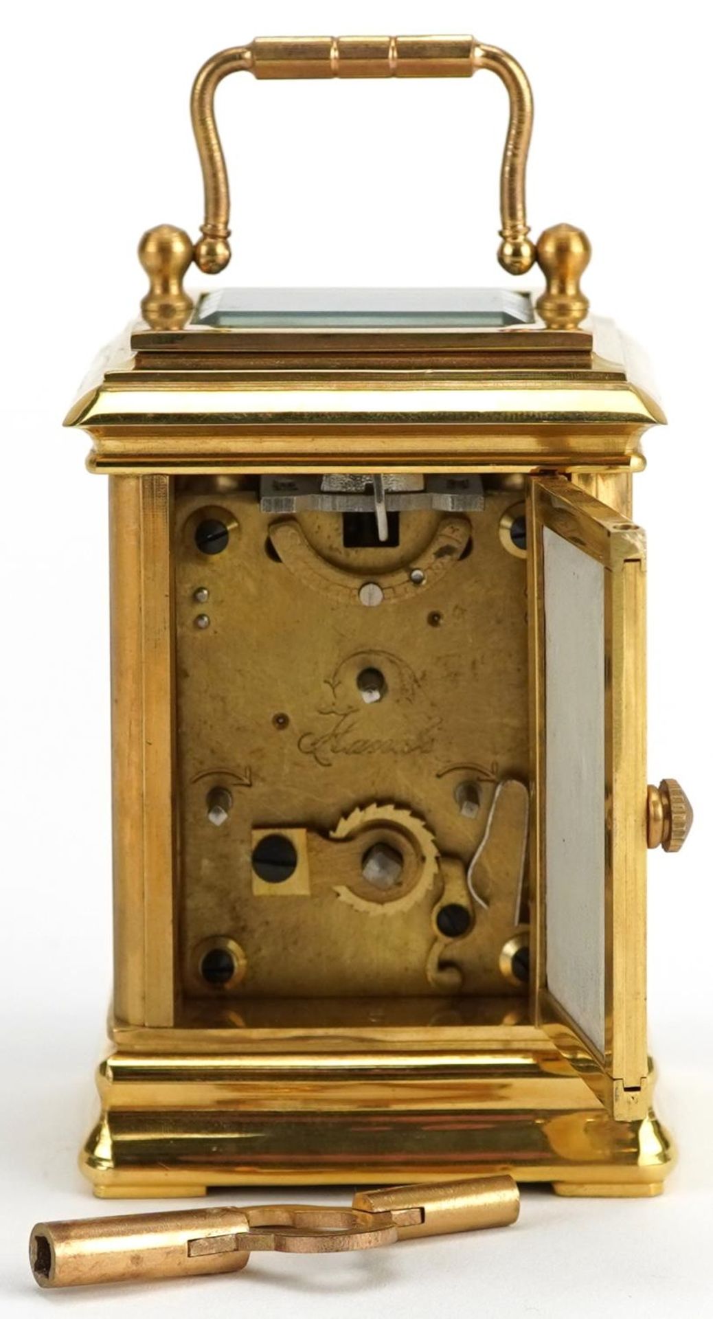 Miniature brass cased carriage clock with swing handle and Sevres style panels hand painted with - Image 3 of 5