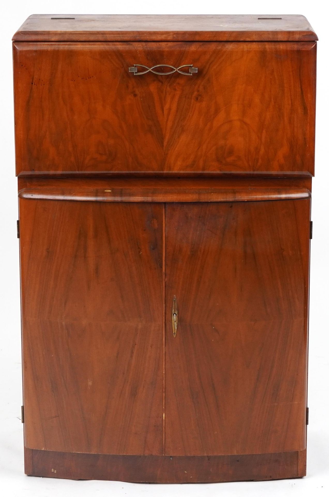 Art Deco walnut cocktail cabinet fitted with a fall enclosing a mirrored interior above a cupboard - Image 3 of 4