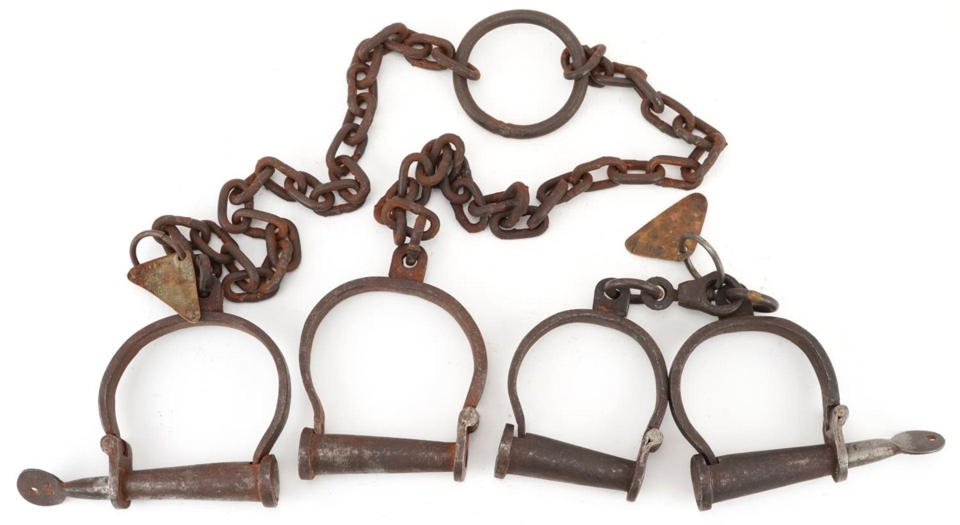 Two pairs of 19th century cast iron handcuffs with tags engraved Abbeville 1844 Daddy Toby no 88 and - Image 4 of 4