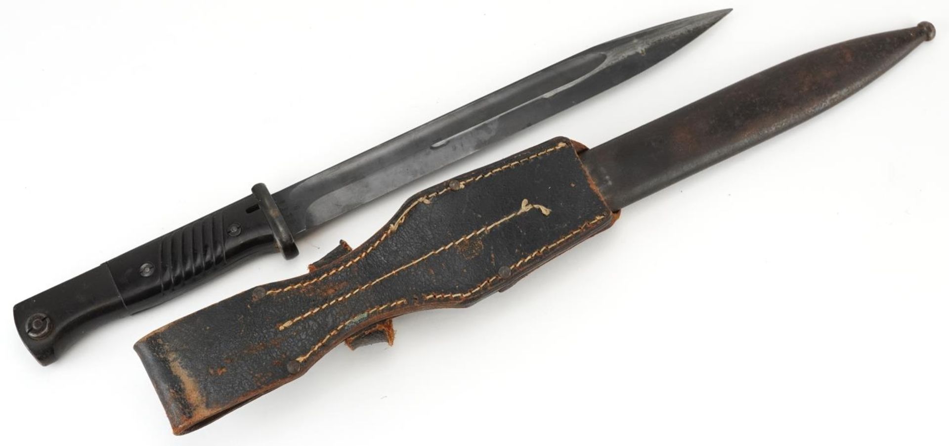 German military interest bayonet with scabbard, leather frog and steel blade impressed P Weyersberg, - Image 3 of 5