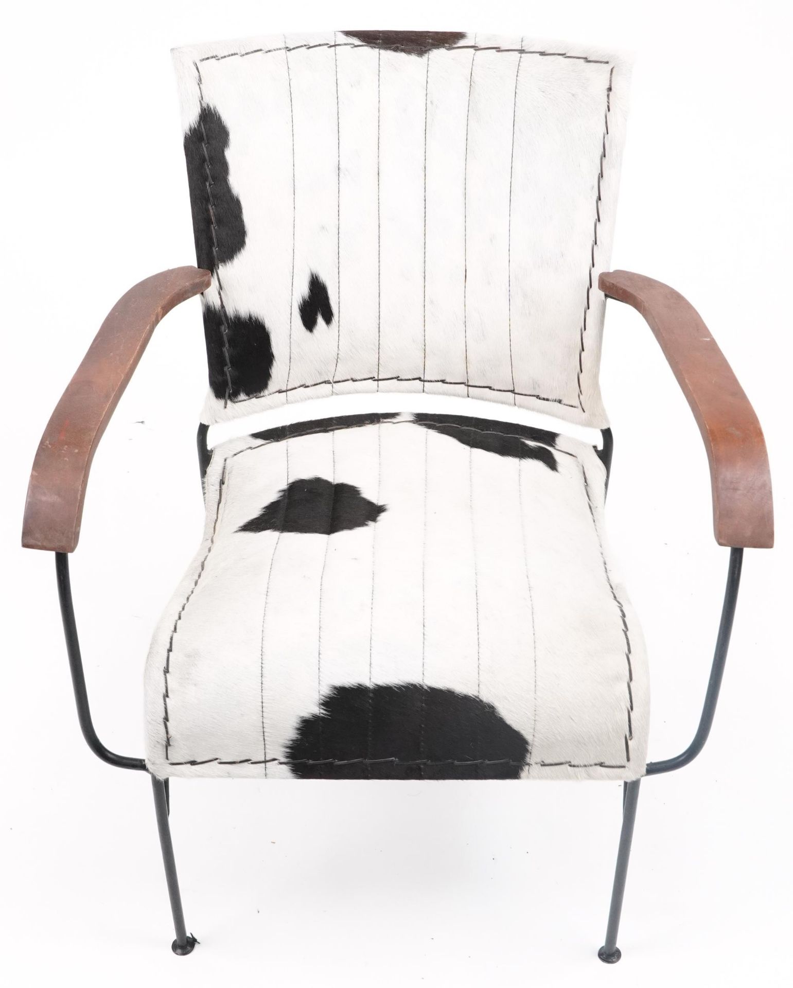 Brutalist style wrought iron and cow hide armchair, 75cm high - Image 3 of 4