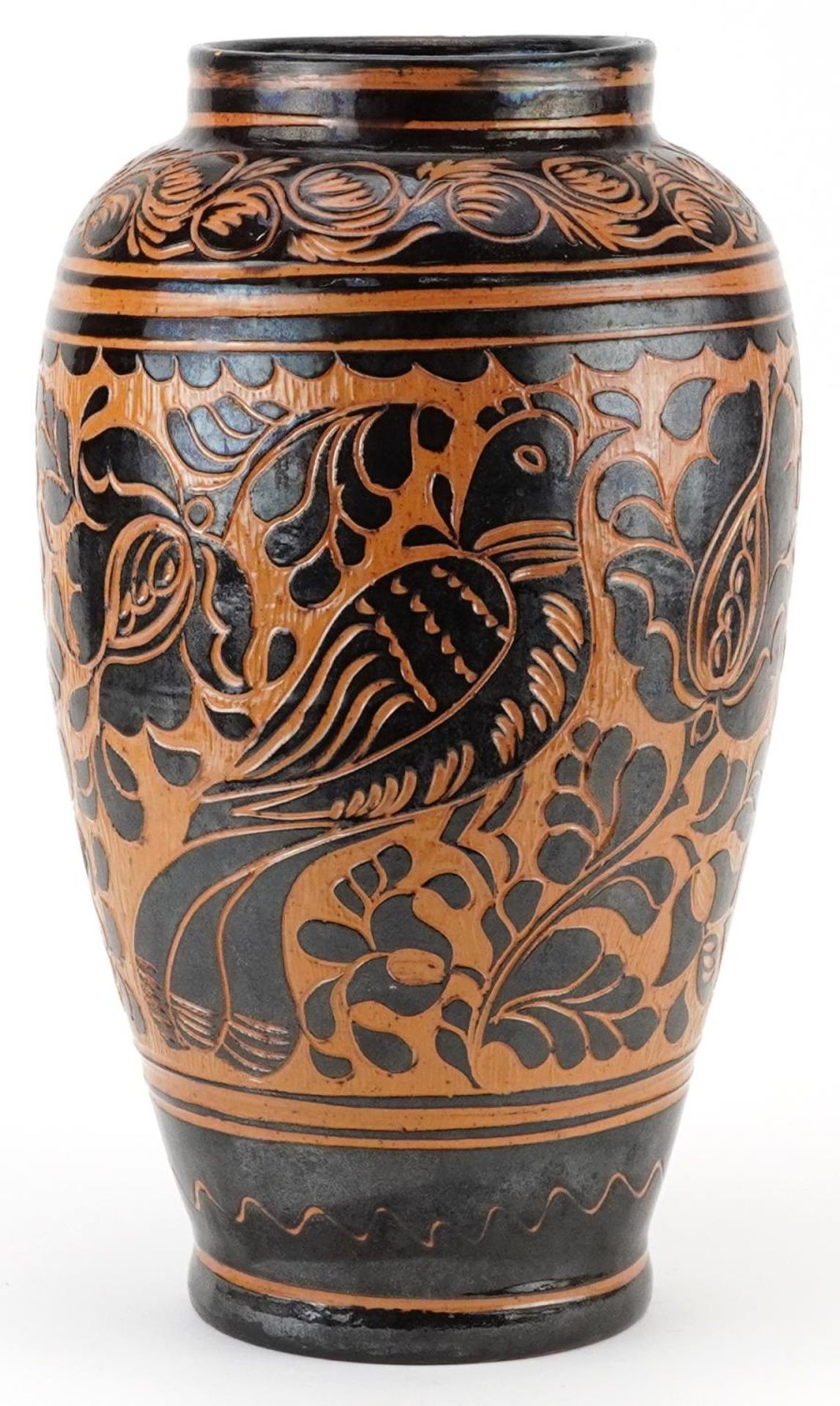 Large European porcelain vase incised with a stylised bird amongst foliage, incised Kiss Mihhly