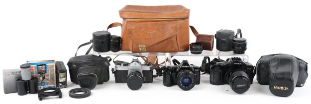 Vintage cameras and accessories including Minolta Dylax 3000I