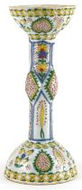 Turkish Ottoman Kutahya candle holder hand painted with stylised flowers, 29cm high