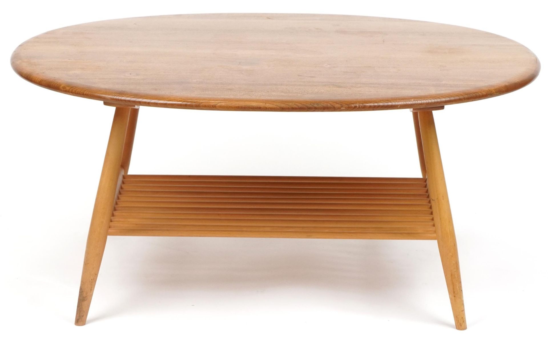 Ercol light elm coffee table with oval top, 44cm H x 99cm W x 82cm D - Image 2 of 5