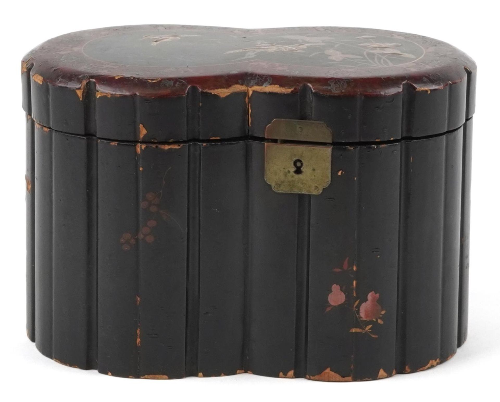 Japanese lacquered tea caddy with twin divisional interior gilded with birds amongst aquatic plants, - Image 2 of 8