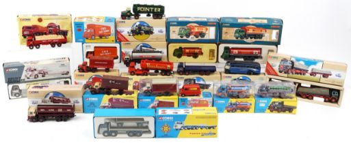 Corgi diecast model vehicles with boxes including flatbed lorries, Gulf oil tanker and Shell oil