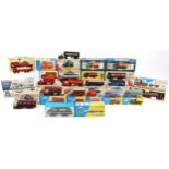 Corgi diecast model vehicles with boxes including flatbed lorries, Gulf oil tanker and Shell oil
