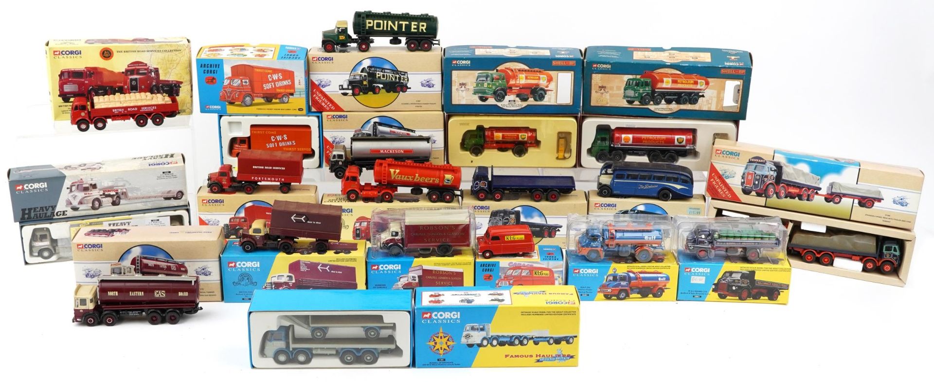Corgi diecast model vehicles with boxes including flatbed lorries, Gulf oil tanker and Shell oil