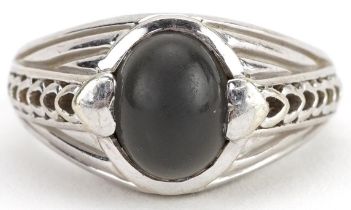 9ct white gold cabochon ring with pierced shoulders, possibly hematite, size T, 9.2g