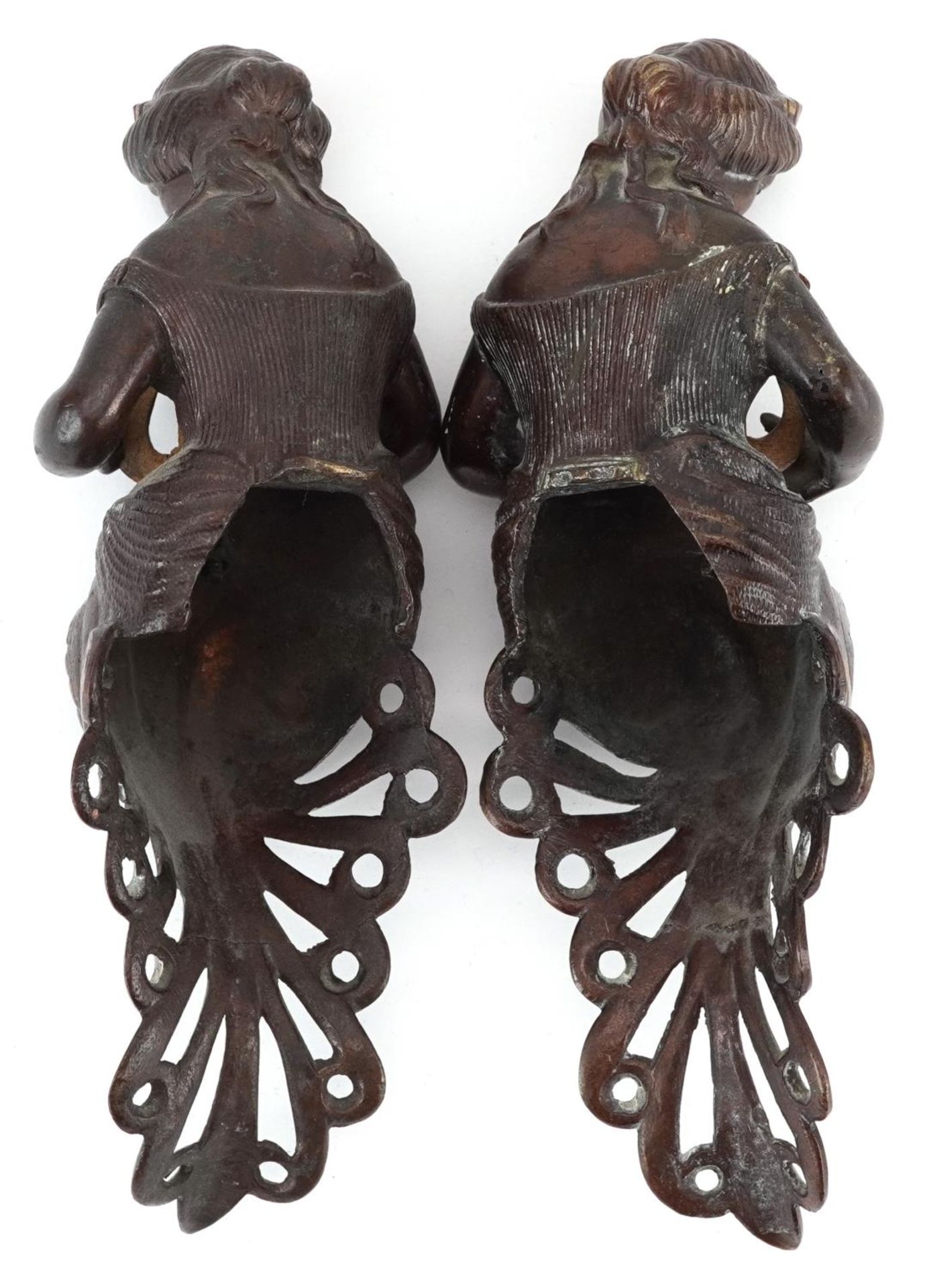 Pair of 19th century partially gilt, patinated bronze mounts in the form of mermaids with lyres, - Image 2 of 3