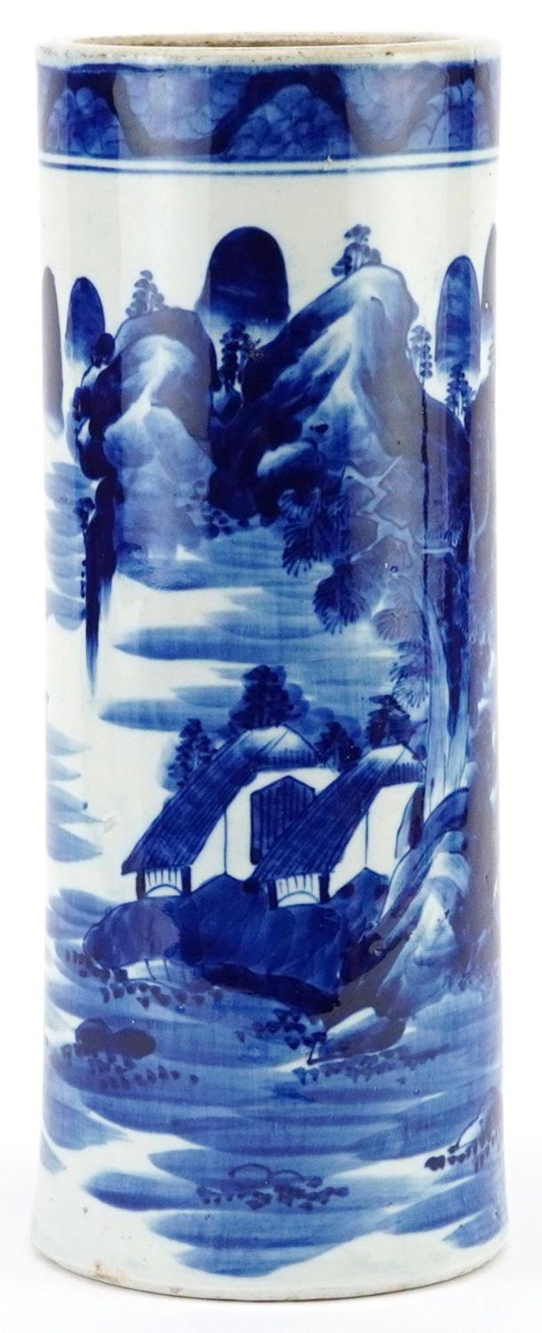 Japanese blue and white porcelain cylindrical vase hand painted with a continuous river landscape,