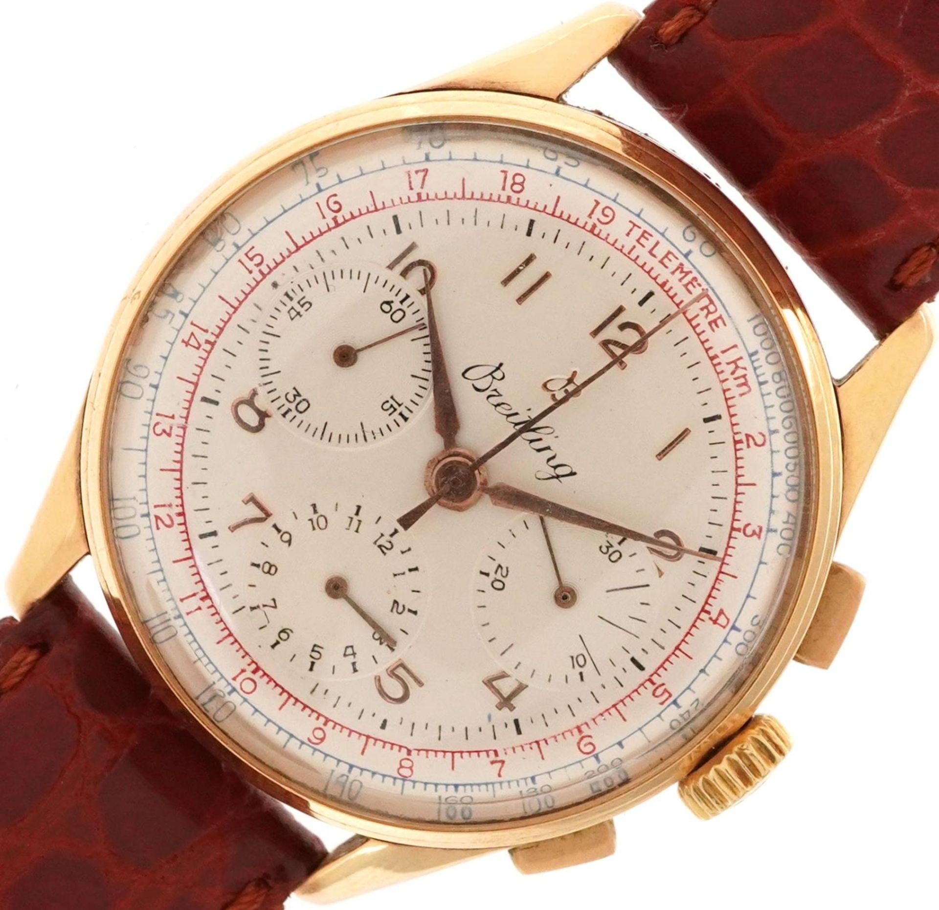 Breitling, gentlemen's 18ct gold Breitling Premier chronograph wristwatch having white dials with