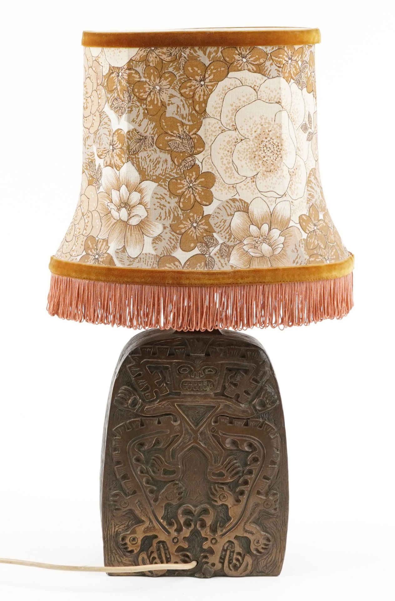 Mid century style cold cast bronze table lamp with shade decorated in relief with mythical - Image 3 of 4